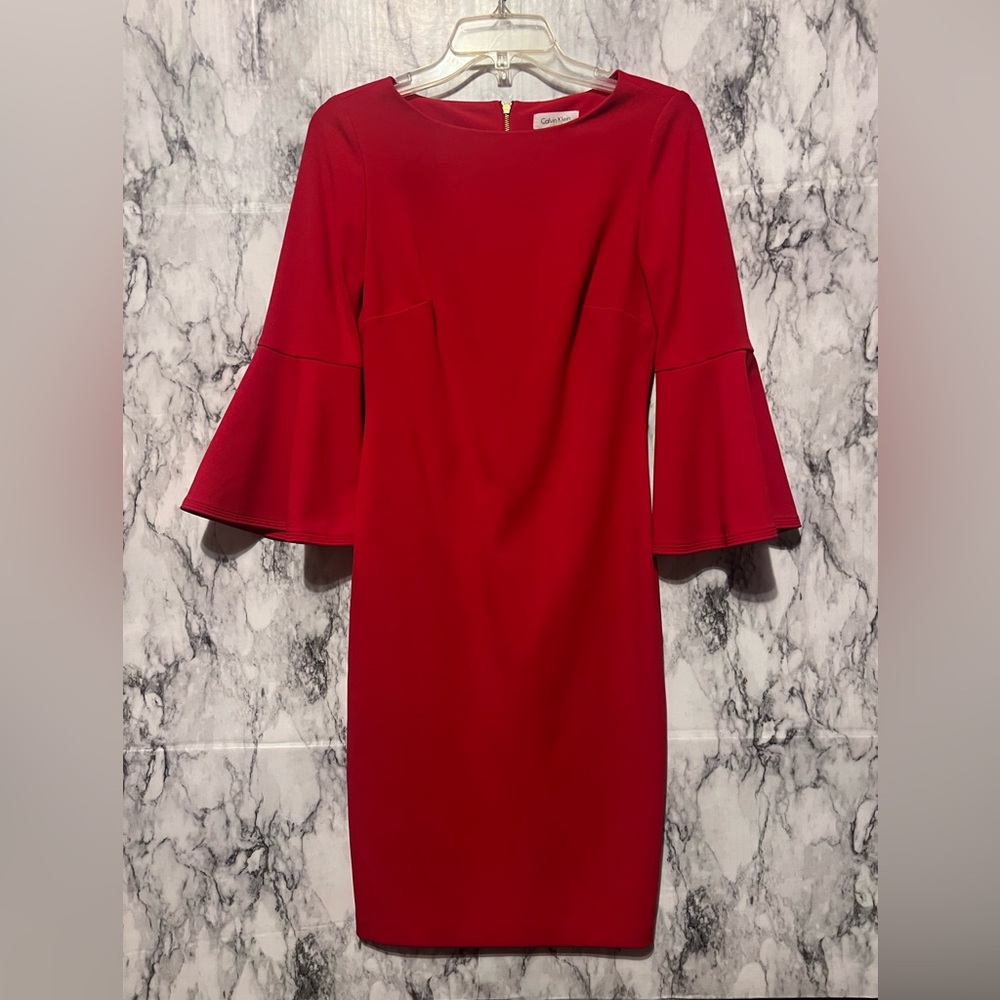 Calvin Klein Red Sheath Dress with Bell Sleeves